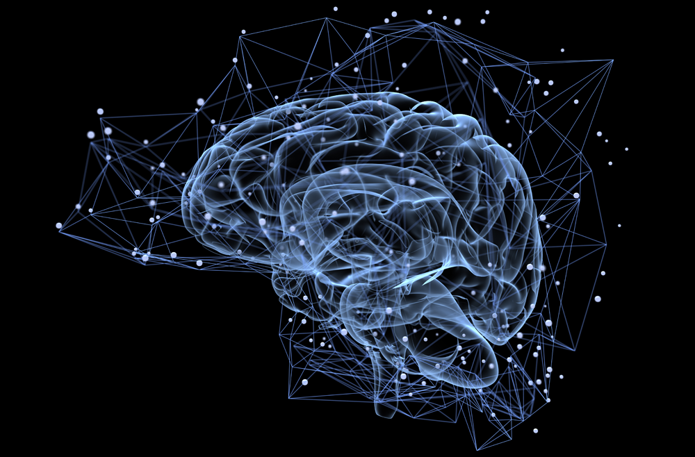 A digital illustration of a blue brain against a black background.
